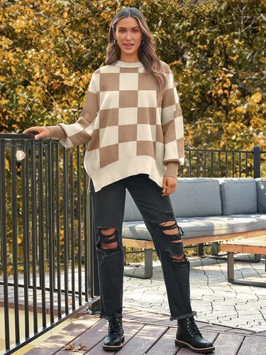 Vista 160 de Lillusory - Suéter extragrande con mangas de murciélago y cuello redondo para mujer, prenda moderna de otoño de tejido de punto sin botones