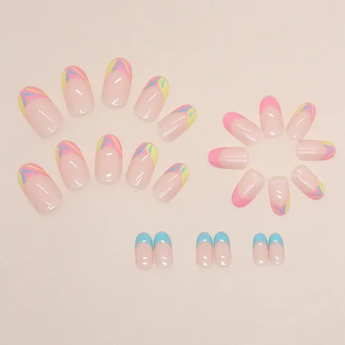 Vista 2 de Uñas postizas cortas redondas SWEKKE de verano, punta francesa, uñas postizas de cobertura completa, uñas adhesivas de color rosa, azul, punta