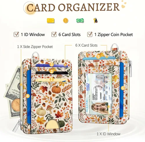 Vista 3 de Kelvoris Tarjetero pequeño para mujer, cartera delgada con bloqueo RFID, llavero con bolsillo para monedas con cremallera, bolsillo frontal