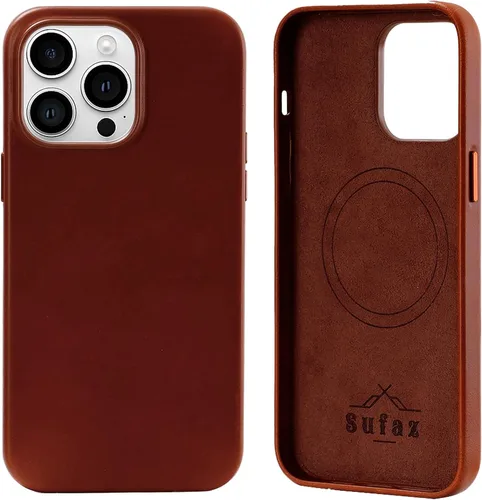 Vista 15 de Funda de piel para iPhone 14 Pro Max compatible con MagSafe, funda de piel de vaca auténtica de grano completo, botones de metal galvanizado, forro