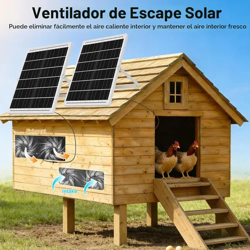 Vista 3 de Ventilador solar de 40 W con batería y temporizador para gallinero