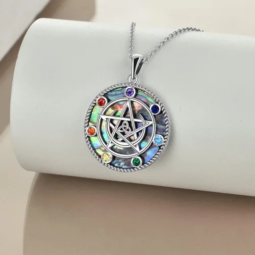Vista 22 de LUHE Collar de plata de ley con dije de pentagrama de chakras y luna, pentáculo, celta, pagano, wiccano, amuleto mágico para mujeres, adolescentes