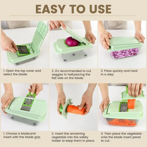 Vista 5 de Picador de verduras con 8 cuchillas - Picador de cebolla 16 en 1 con contenedor, Espiralizador de verduras de cocina Gadgets de cocina - Artículos