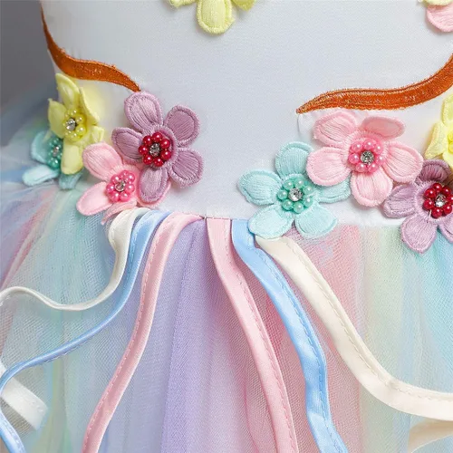 Vista 7 de Vestido de princesa de unicornio para niña vestido largo de tul arco iris ropa de cumpleaños para niños Arco iris