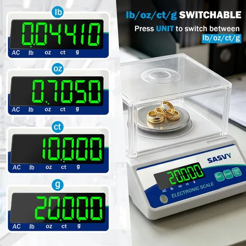Vista 3 de Báscula de laboratorio 17.64 oz x 0.00 oz Escala científica g/oz/ct/lb Balanza analítica electrónica digital de alta precisión para joyería, cocina