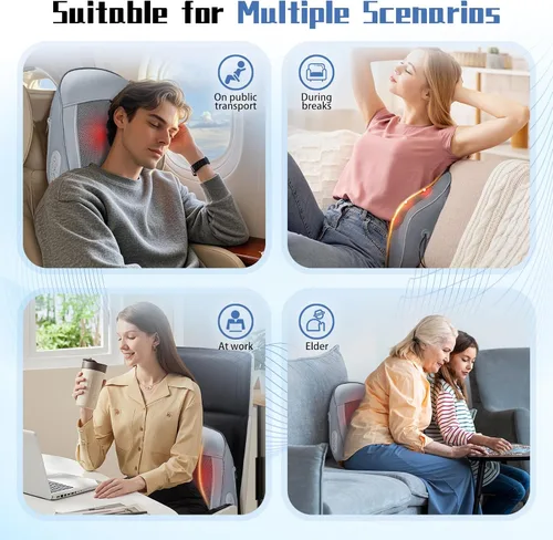 Vista 8 de Masajeador de espalda y cuello recargable con calor, almohada de masaje 4D de tejido profundo para aliviar el dolor, masajeador eléctrico