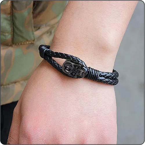 Vista 6 de Pulsera de cuero de calavera de aleación punk rock, 7.5 pulgadas