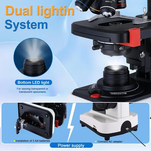 Vista 4 de Microscopio binocular 40X-2500X, oculares WF10x y WF25x, iluminación LED, con soporte para pieza de mano, para principiantes, microscopio
