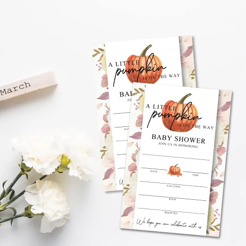 Vista 5 de JY023 - Invitaciones para baby shower de otoño con diseño de calabaza dulce está en camino, hojas de otoño, tema de otoño, paquete de 20 tarjetas