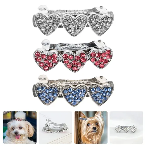 Vista 4 de balacoo 3 pinzas para el pelo con diamantes de imitación para perros, accesorios para perros con forma de corazón, pinzas para el cabello