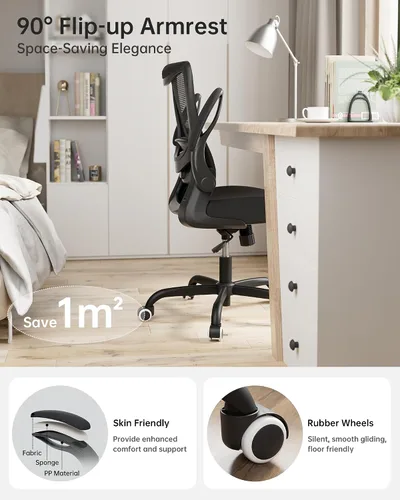 Vista 3 de MUXX.STIL Silla de oficina, silla de escritorio ergonómica con soporte lumbar ajustable y reposabrazos abatibles, silla de computadora de malla