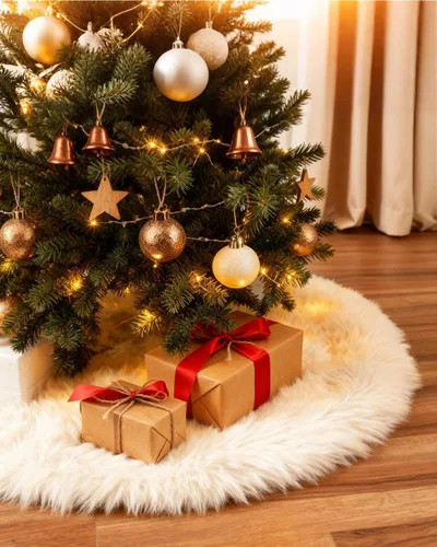 Vista 8 de COOLWUFAN Falda de árbol de Navidad de piel sintética de 36 pulgadas para árbol de Navidad, decoración de fiestas, copos de nieve de lentejuelas