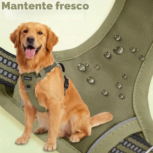 Vista 5 de Funfox Arnés para perro sin tirones, arnés de chaleco ajustable para mascotas, material súper suave con mango vertical, fácil control, paseo Verde