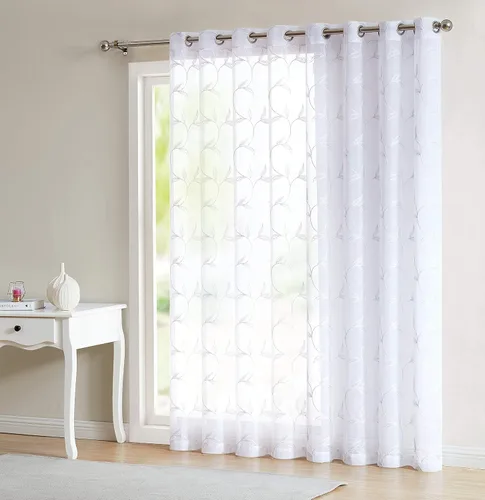 Vista 6 de LINENZONE Cortina de patio transparente blanca para puertas correderas con bordado de hojas de carbón gris. Extra ancha para patio, puertas