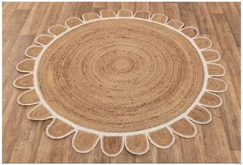 Vista 2 de Alfombra redonda de yute festoneada con borde blanco para sala de estar, cocina, oficina, exterior (2 x 2 pies/23.6 x 23.6 in, festoneada redonda)