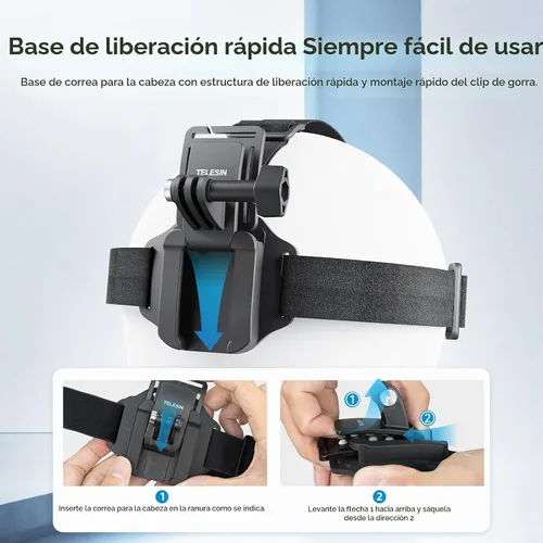 Vista 3 de TELESIN Soporte de correa para la cabeza con clip de gorra, soporte de cinturón para la cabeza de liberación rápida compatible con GoPro Max/Hero