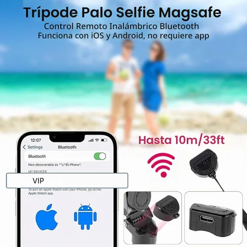Vista 6 de WOVTE Palo selfie magnético 4 en 1, trípode MagSafe de bolsillo portátil para iPhone con control remoto desmontable, rotación de 360° para iPhone