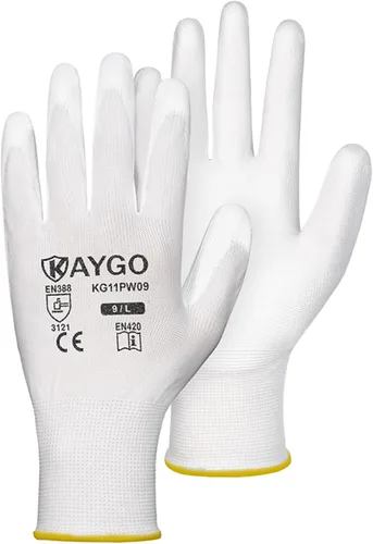 Vista 34 de KAYGO KG11PB - Guantes de trabajo de seguridad con revestimiento de poliuretano, 12 pares de guantes de punto sin costuras para hombres y mujeres