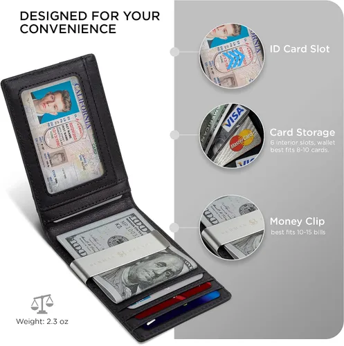 Vista 5 de SERMAN BRANDS Billetera con clip de dinero para hombre. Carteras delgadas con bolsillo frontal con bloqueo RFID para hombres, de cuero de grano