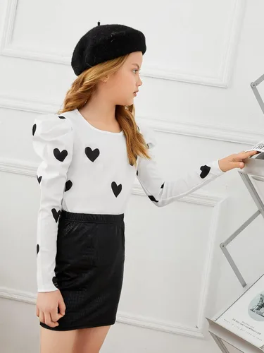 Vista 4 de WDIRARA Camiseta de manga larga abombada con cuello redondo y estampado de corazón para niña