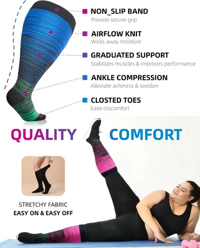 Vista 6 de RAYSHARP Paquete de 3 calcetines de compresión de talla grande para mujeres y hombres, medias altas hasta la rodilla de 20-30 mmHg para piernas