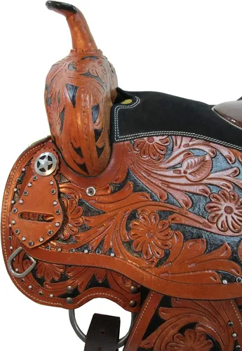 Vista 5 de Western Saddle Barril Racing Caballo Placer Floral Tooled Gator Asiento de cuero Sillines Trail Tack Set 15 16 17 18