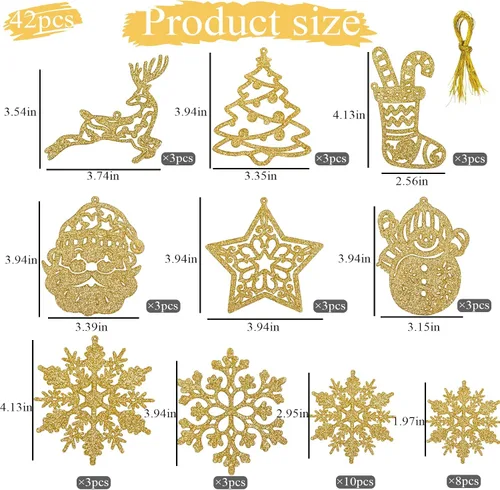Vista 3 de Adorno de copo de nieve dorado para decoración de árbol de Navidad, 42 piezas de plástico con purpurina dorada, calcetín de copos de nieve dorados