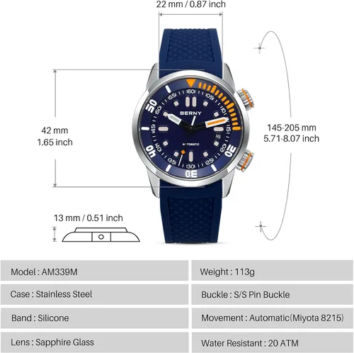 Vista 6 de BERNY Reloj de buceo para hombre, relojes mecánicos automáticos de moda para hombres, reloj de pulsera masculino impermeable 20AMT, reloj de pulsera