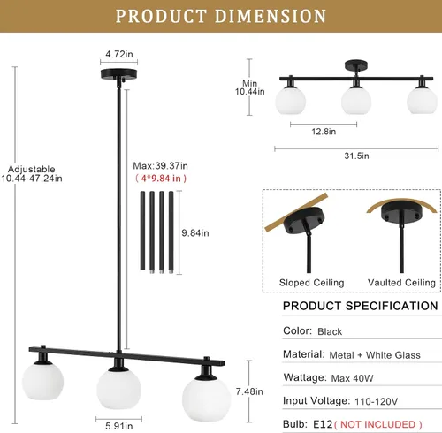 Vista 6 de Iluminación de isla de cocina, 3 luces, lámparas colgantes lineales con pantallas de vidrio de leche, candelabros negros de granja para comedor