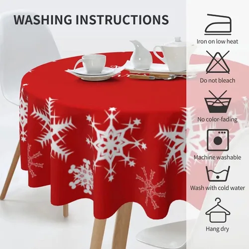 Vista 2 de Mantel redondo de Navidad con diseño de copos de nieve de Navidad para cocina, comedor, decoración de mesa de poliéster lavable para mesa de bufé