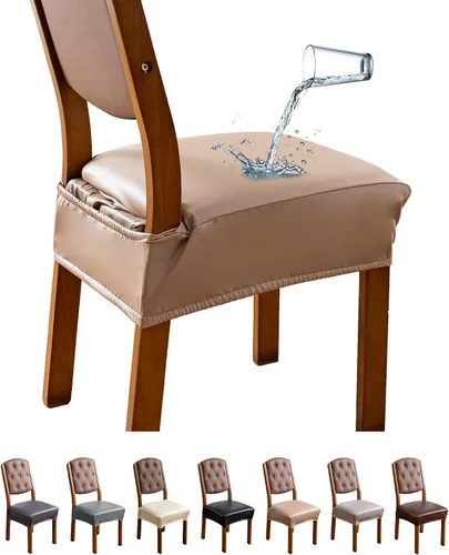 Vista 9 de Genina Juego de 6 fundas de asiento impermeables de piel sintética para sillas de comedor, fundas de asiento de silla, fundas de asiento elásticas