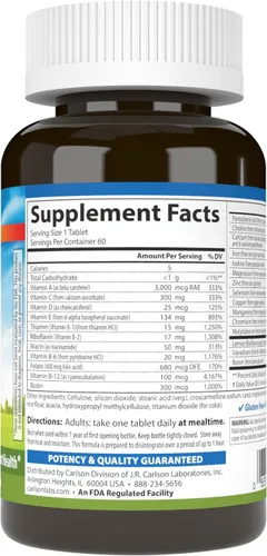 Vista 2 de Carlson - Super 1 Diario, Fórmula múltiple vegetariana, multivitamínico, bienestar óptimo, 60 tabletas