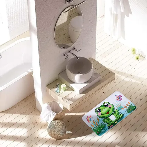 Vista 7 de Juego de 4 cortinas de ducha con diseño de rana divertida color verde con tapete de baño, diseño de rana en hojas, tapete de baño para niños, tapete