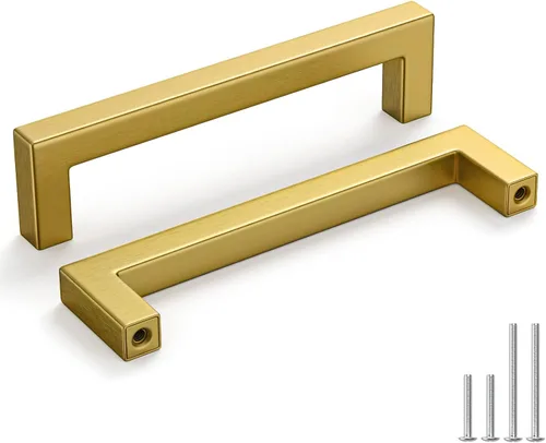 Vista 23 de Homdiy Paquete de 30 tiradores de bronce cepillado dorado de 3- 1/2 pulgada, cuadrados, herrajes para gabinete de cocina, armarios; 3- 1/2 pulgadas