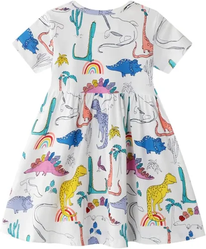 Vista 2 de Vestido acampanado para niñas pequeñas, lindo estampado de unicornio, arco iris, manga corta, casual, vestidos para niñas pequeñas para fiesta de 1