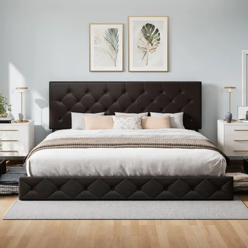 Vista 90 de WEEWAY Base de cama de plataforma tamaño King con 4 cajones de almacenamiento, cabecera capitonada con botones de costura de diamante, base de Negro