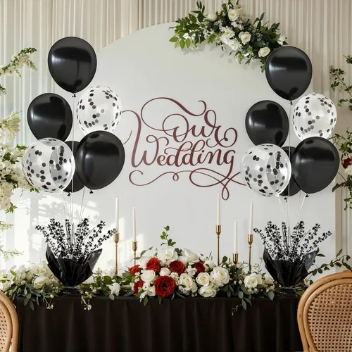 Vista 3 de 2 Juego de Globos de Mesa Negros con Spray de Aluminio para Centro de Mesa con Globos Negros y de Confeti, Kit de Soporte para Decoración de Mesa