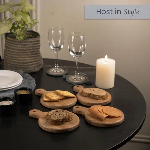Vista 3 de The Fine Living Co. Juego de 4 platos pequeños para servir aperitivos, mini tablas redondas de embutidos, bandeja de madera pequeña de acacia, tabla