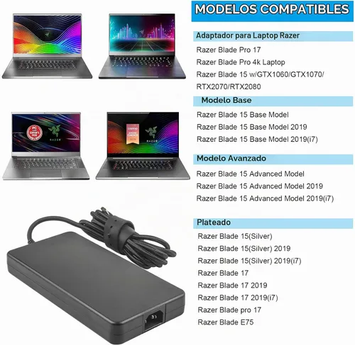 Vista 8 de Cargador Razer Blade 230W 19.5V 11.8A, adaptador de CA de 3 clavijas compatible con Razer Blade 15 Pro 17