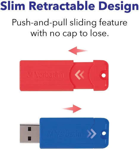 Vista 5 de Verbatim Unidad flash USB 3.0 retráctil de 16 GB a rayas, paquete de 5 unidades multicolor (verde, azul, rojo, morado, cian)