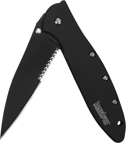 Vista 2 de Kershaw Cuchillo de bolsillo dentado negro; hoja de acero 14C28N parcialmente dentada de 3 pulgadas, mango de acero inoxidable 410 y cuchillo