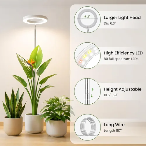 Vista 6 de LBW Luces de cultivo para plantas de interior, luz de espectro completo de 6.3 pulgadas con base, lámpara de cultivo ajustable de altura de 59