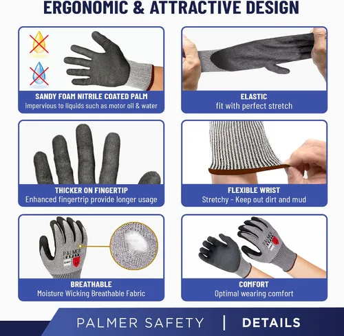 Vista 3 de Palmer Safety Guantes de trabajo de resistencia al corte I ANSI A5 Guantes de corte con revestimiento de nitrilo arenoso, pantalla táctil y agarre