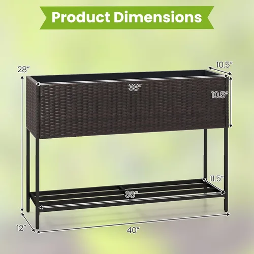 Vista 7 de HAPPYGRILL Cama de jardín elevada de ratán con patas, estante inferior de Maceta elevada con forro extraíble, sistema de drenaje, maceta elevada