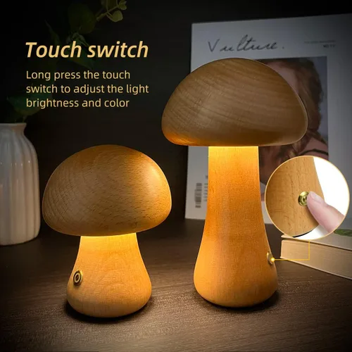 Vista 3 de Lámpara única pequeña de madera con forma de hongos, decoración de setas, lámpara de noche, lámpara de hongo recargable para decoración del hogar