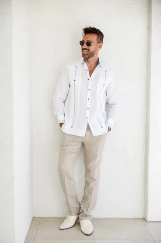 Vista 5 de Mojito Guayabera Camisa Chacabana 100% lino con contraste de manga larga y puño francés
