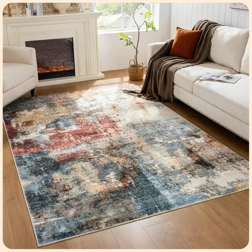 Vista 141 de Istana Alfombra larga antideslizante de 2.5 x 8 para el hogar, para pasillo y cocina, lavable, sedosa y suave al tacto, elegante, color azul y marfil