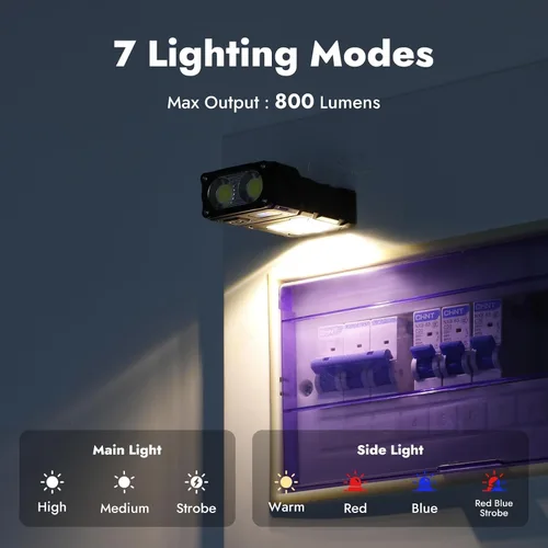 Vista 6 de WARSUN DC08 linterna LED recargable giratoria, luz de trabajo mini de 800 lúmenes, pequeña linterna EDC con clip para la espalda, linterna Negro