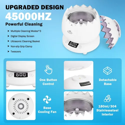 Vista 4 de Limpiador ultrasónico de retenedores para dentaduras, cápsula de limpieza dental de 45 kHz con temporizador digital, 3 modos, limpiador ultrasónico