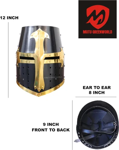 Vista 5 de MUTU GREENWORLD SHEL03 Casco medieval de caballero de los cruzados templarios réplica de armadura negra y dorada para cosplay, Halloween, LARP